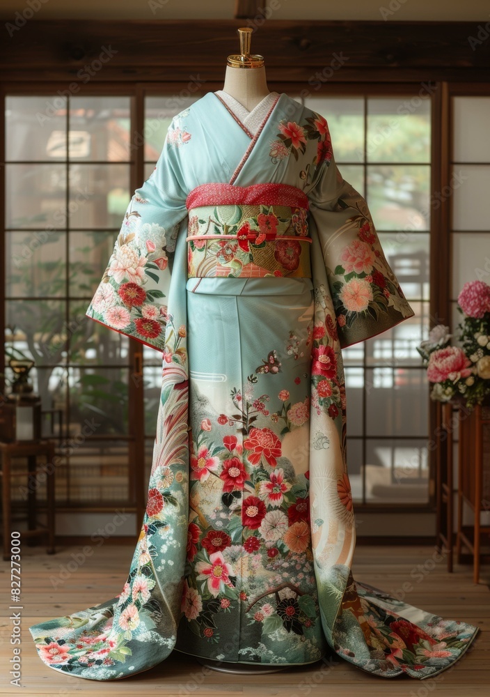 A kimono with a floral pattern and a train