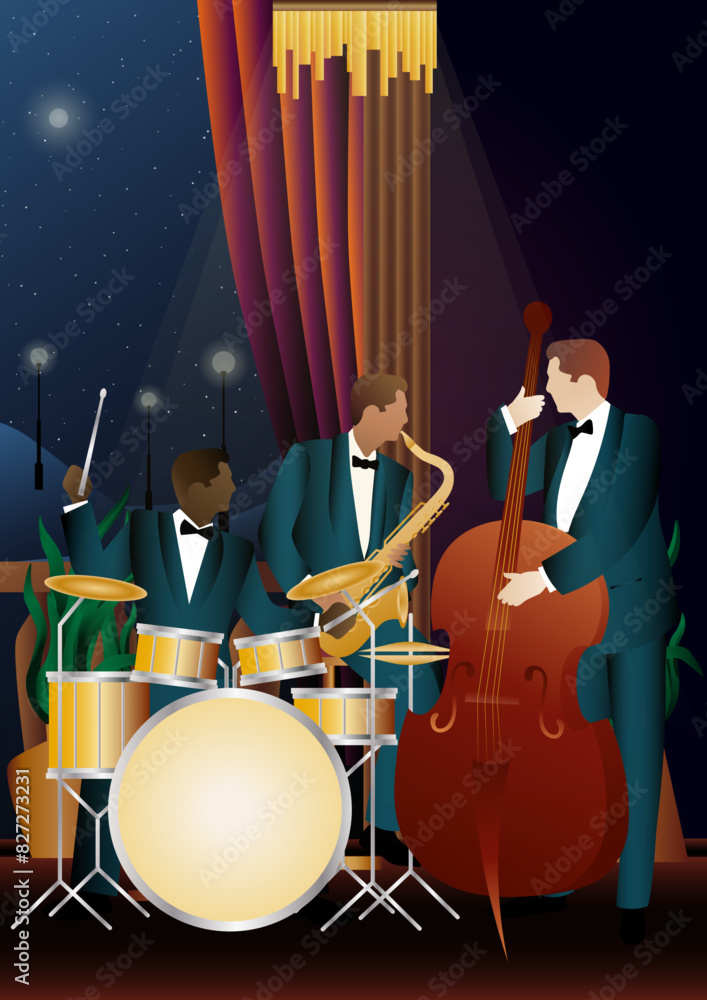 Fototapeta premium Jazz musicians near the Balcony. Double bass, saxophone, drum. Musicians play musical instruments