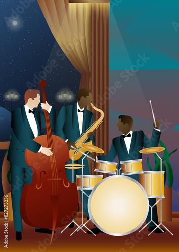 Jazz musicians near the Balcony. Double bass, saxophone, drum. Musicians play musical instruments