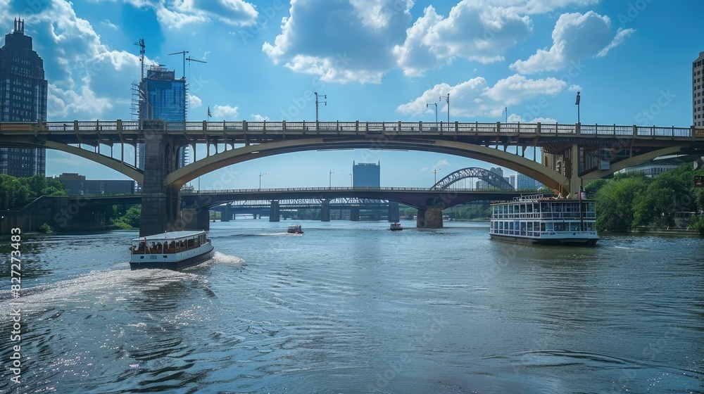Obraz premium Massive bridge arching over a broad river, with boats passing underneath and a city skyline in the background