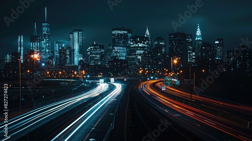 Nighttime cityscape with a brightly lit expressway  highlighting the dynamic flow of traffic and city lights
