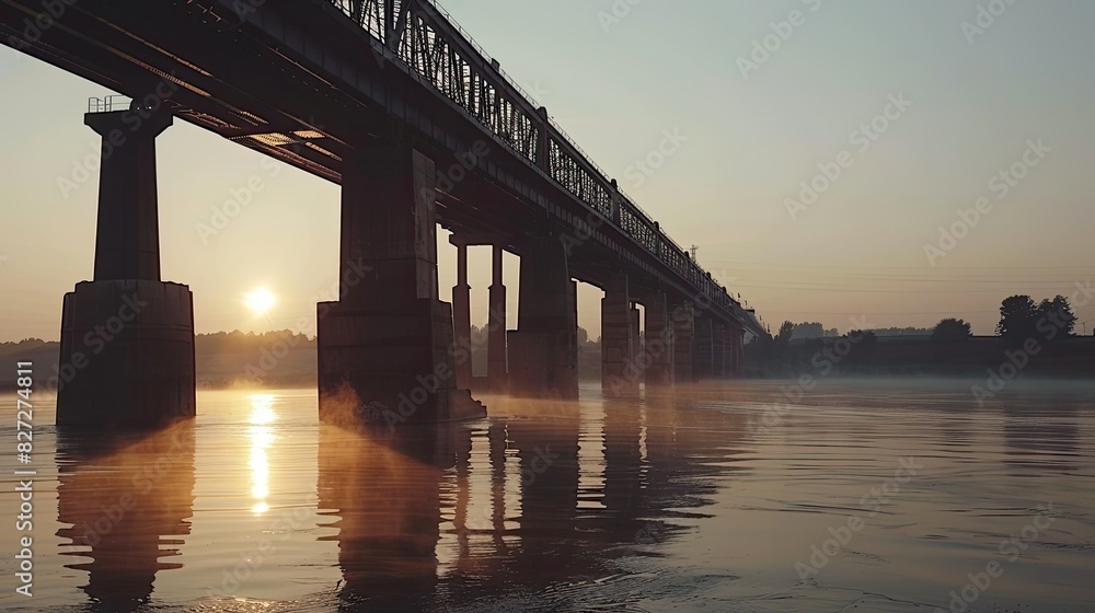 Panoramic shot of a large river bridge at sunset, highlighting its structure and the serene water below Panoramic shot of a large river bridge at sunset, highlighting its structure and the serene water below