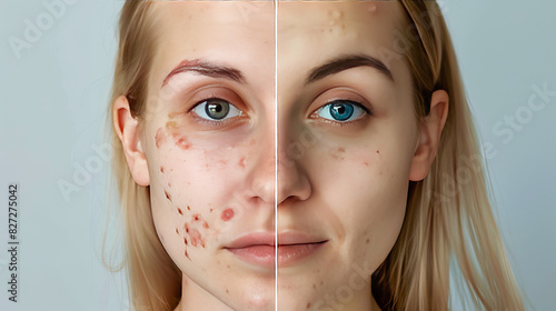 See the before and after of an adult woman in her 30s with acne and other skin problems. Her skin has improved with the help of cosmetics and healthcare.