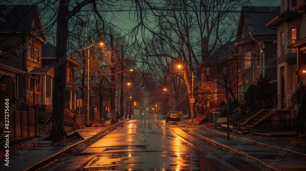 Residential street bathed in the gentle glow of streetlights, creating a welcoming atmosphere for local residents