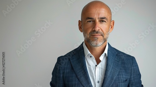 portrait of a cheerful bald businessman a confident guy designer is dressed in a navy blue suit he is opposing you isolated against a white background