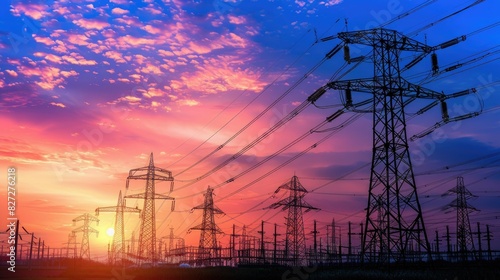 Silhouette of high-voltage power pylons at sunset, with dramatic skies highlighting the industrial scene photo