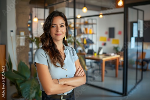 Portrait of a successful female entrepreneur in front of her startup office   standing in modern office working   empowering and vibrant  Editorial Photography style. feeling working success