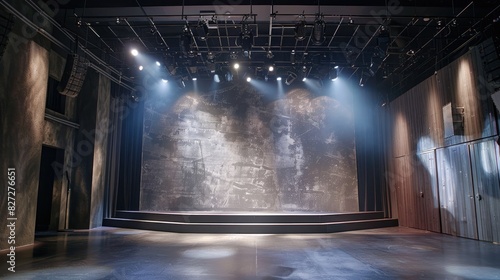 Sophisticated gray stage setting  offering a versatile backdrop for vibrant performances and artistic expression