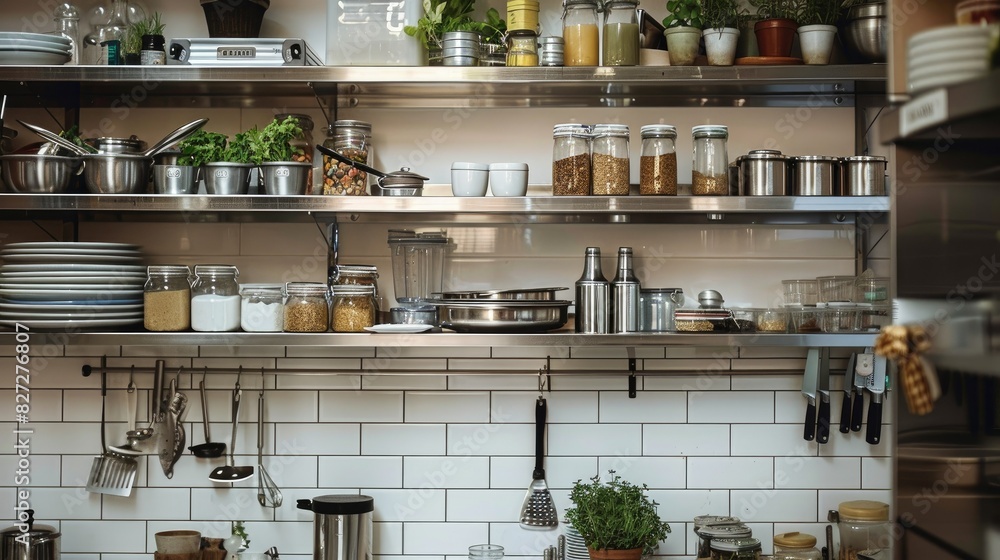 Stainless steel shelves in the kitchen, showcasing an assortment of cooking essentials in a clean and orderly fashion Stainless steel shelves in the kitchen, showcasing an assortment of cooking essentials in a clean and orderly fashion
