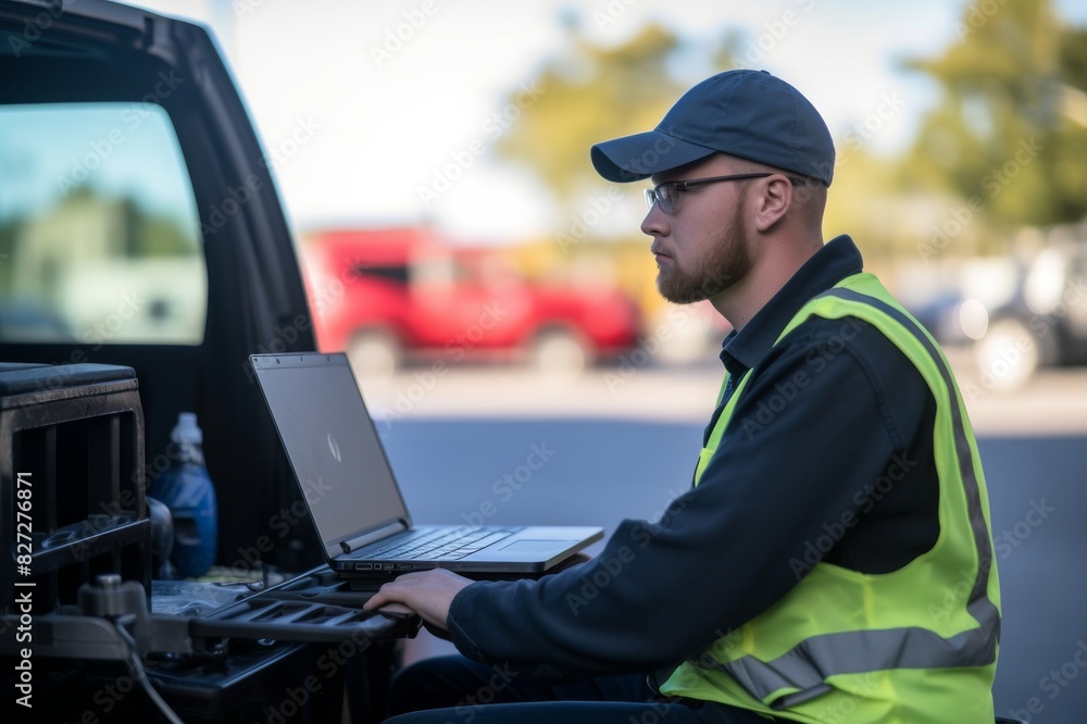 task management and organizational capabilities skill in a field service engineer. a male field service engineer using a laptop on a car roof to diagnose equipment problems and determine task management and organizational capabilities skill in a field service engineer. a male field service engineer using a laptop on a car roof to diagnose equipment problems and determine