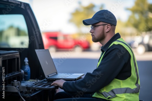 task management and organizational capabilities skill in a field service engineer. a male field service engineer using a laptop on a car roof to diagnose equipment problems and determine 