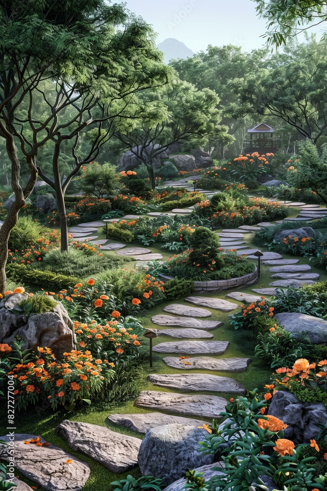 Obraz premium Landscape of Japanese Garden and Architecture