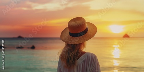 Unrecognizable woman with straw hat looking at sunset at tropical resort beach. banner with copy space