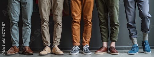 A group of people are standing next to each other, all wearing different types of pants and shoes. photo