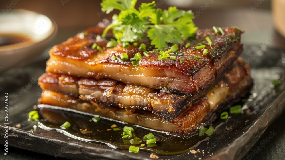 Triple-layered pork belly with crispy skin, tantalizing taste buds with its rich, savory flavors Triple-layered pork belly with crispy skin, tantalizing taste buds with its rich, savory flavors