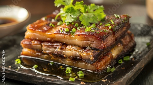 Triple-layered pork belly with crispy skin, tantalizing taste buds with its rich, savory flavors photo