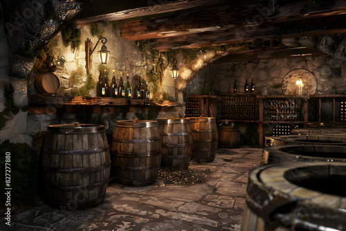 Rustic Wine Cellar with Wooden Barrels, Vintage Casks, and Dimly Lit Warm Atmosphere © Floyd