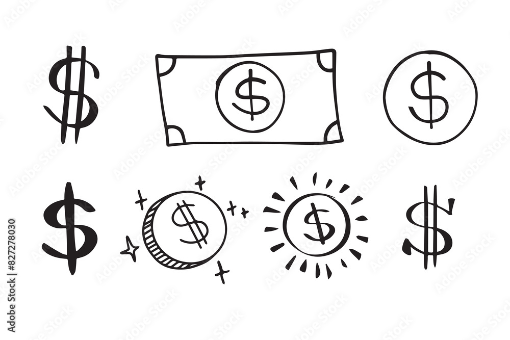 Dollar doodle sign symbol set. Hand drawn Dollar icon. money brushstrokes punctuation Dollar doodle sign symbol set. Hand drawn Dollar icon. money brushstrokes punctuation