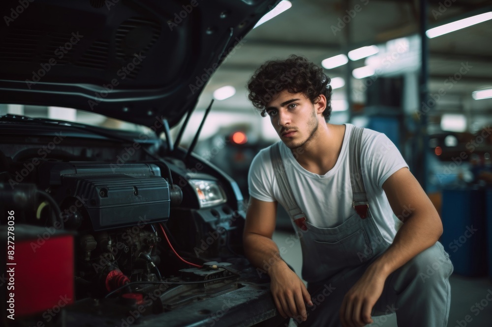 Young auto mechanic refueling car AC in a repair shop. Young mechanic recharging car air-condition in auto repair shop Young auto mechanic refueling car AC in a repair shop. Young mechanic recharging car air-condition in auto repair shop