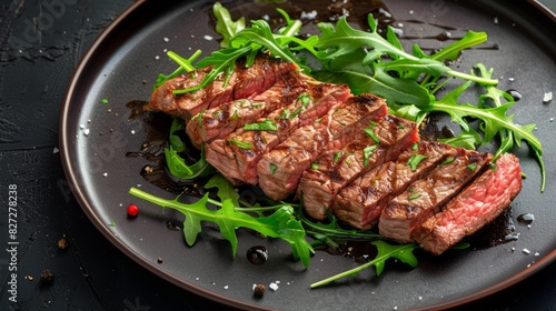 Gourmet sliced steak with arugula on dark plate high contrast shot.