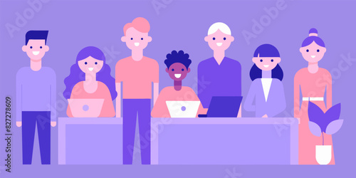 Illustrated image showcasing a diverse group of individuals working collaboratively in a flat-style office setting, with each person focused on their computer at a communal desk