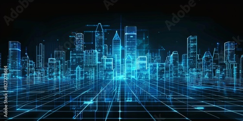 Abstract futuristic cityscape background with glowing blue grid lines and digital buildings