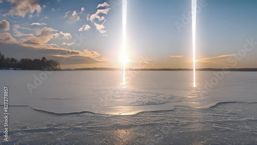 The sun dogs creating a mirror effect on a frozen lake doubling the brilliance of the sky above. photo