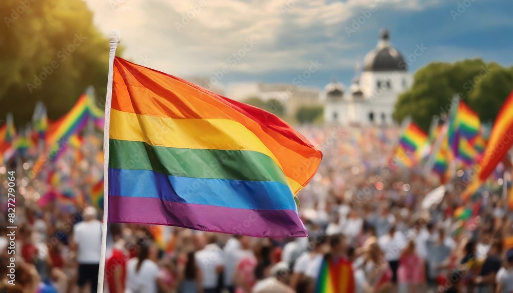 a waving LGBT flag against the backdrop of a Queer Pride Month procession parade, many people at a rally big city, gay, the fight against homophobia a waving LGBT flag against the backdrop of a Queer Pride Month procession parade, many people at a rally big city, gay, the fight against homophobia
