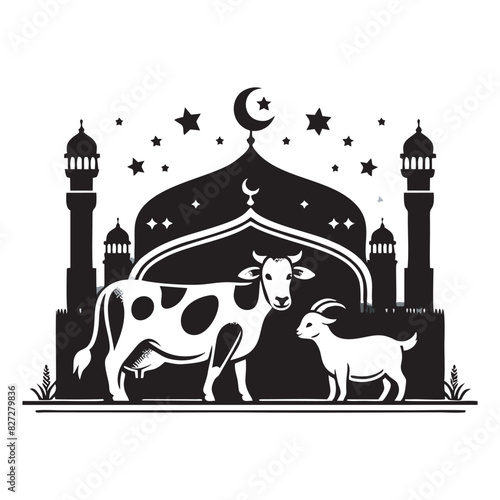 black and white illustration of Eid Al Adha Mubarak commemoration