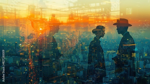 multiple exposure shot of two architects in a building superimposed on a cityscape