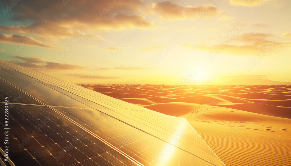 Solar Panels in the Desert at Sunrise, concept of Solar Energy in Arid Landscapes Solar Panels in the Desert at Sunrise, concept of Solar Energy in Arid Landscapes