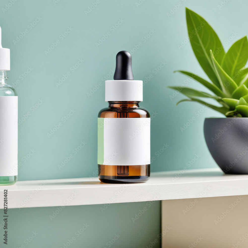 skin care serum dropper bottle standing on a shelf next to green potted plant. concept of natural cosmetics, unbranded mockup. AI Generated skin care serum dropper bottle standing on a shelf next to green potted plant. concept of natural cosmetics, unbranded mockup. AI Generated
