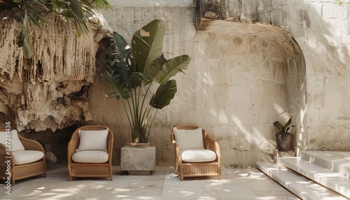 Fototapeta Naklejka Na Ścianę i Meble -  Luxurious hotel interior design, with limestone and concrete accents, created with AI