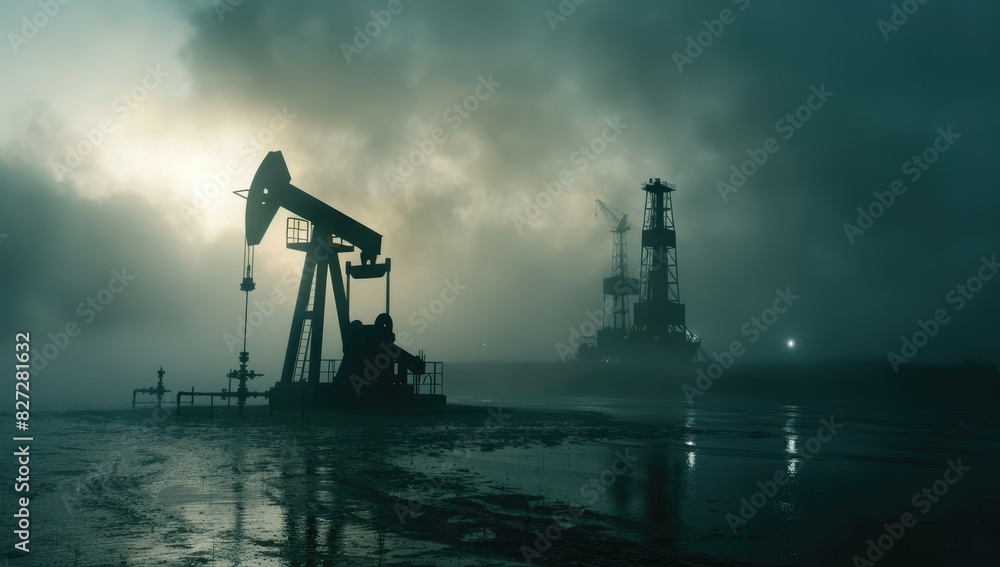Silhouetted Oil Pumpjack in Dense Fog Silhouetted Oil Pumpjack in Dense Fog