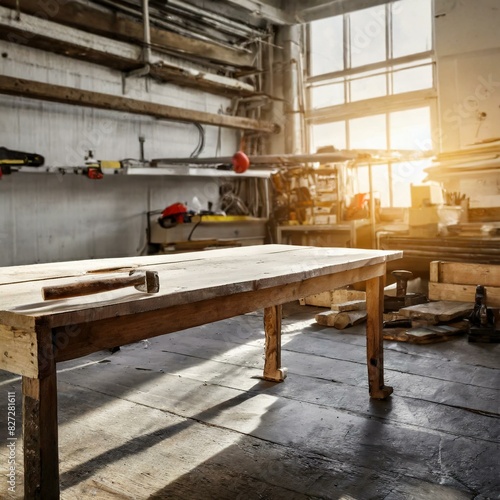 interior.Desk with free space in a sunlit workshop, ready for products