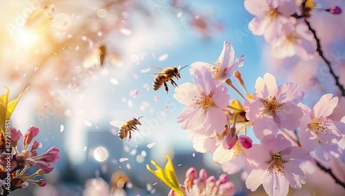 Honey Bees Pollinating Cherry Blossom Flowers © Murda