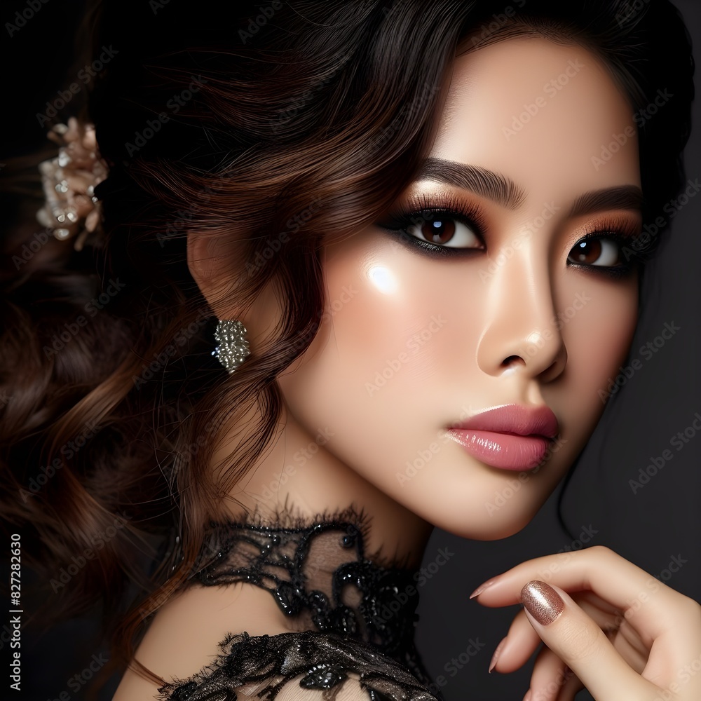 Fototapeta premium portrait of a woman with hair, portrait of a woman with hairstyle and smoky eyes close up shot