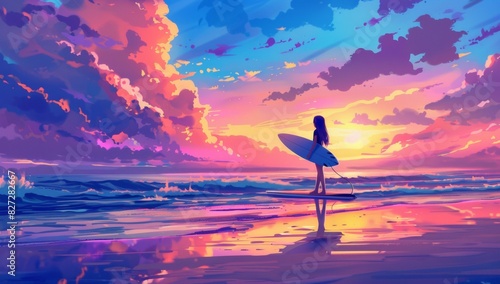 Beautiful girl with surfboard stands on the beach, beautiful sky