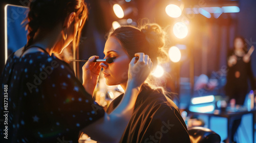 Makeup artist applying eyeshadow to a young woman in a backstage setting with professional lighting and blurred background. photo