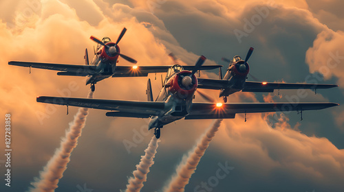 Aircraft fighter jets smoke the background of blue sky white clouds,Image of jet planes showing beautiful maneuver in the blue sky,Group of vintage single engine propeller biplanes aircrafts flying 