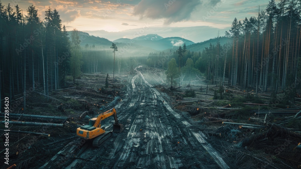 Forest with trees being cut down, highlighting deforestation and its