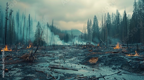 Devastated forest area after a wildfire, emphasizing the increasing frequency and severity of forest fires due to climate change. photo