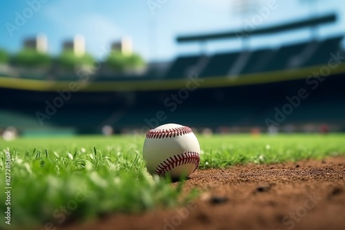 Baseball ball in a grass of baseball arena stadium 