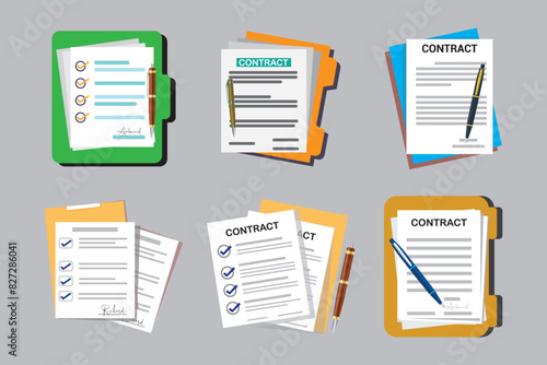 Open file folder with white leaf and sticky notes. Contract or document with text icon. Contract papers. Document, folder with stamp. Set of document Document vector icon set in flat style. 