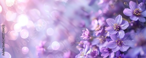 Beautiful purple spring flowers on blurred pastel background with copy space. © SH Design