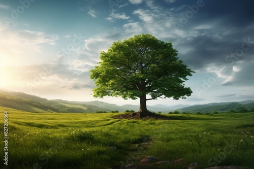 beautiful tree in the middle of a field covered with grass