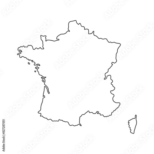 シンプルなフランスのシルエットの白地図 - おしゃれな黒い線のアウトラインのマップ