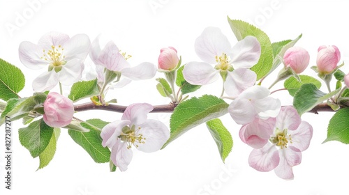 Close-Up of Apple Blossom Branch Against White Background with Pink and White Flowers