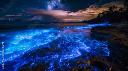 Bioluminescent plankton light up the sea, creating a magical, ethereal nighttime spectacle.