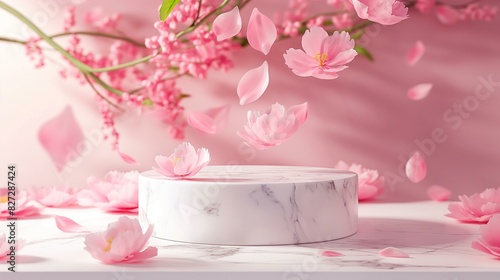 Elegant Podium with Falling Pink Petals and Delicate Cherry Blossom Flowers